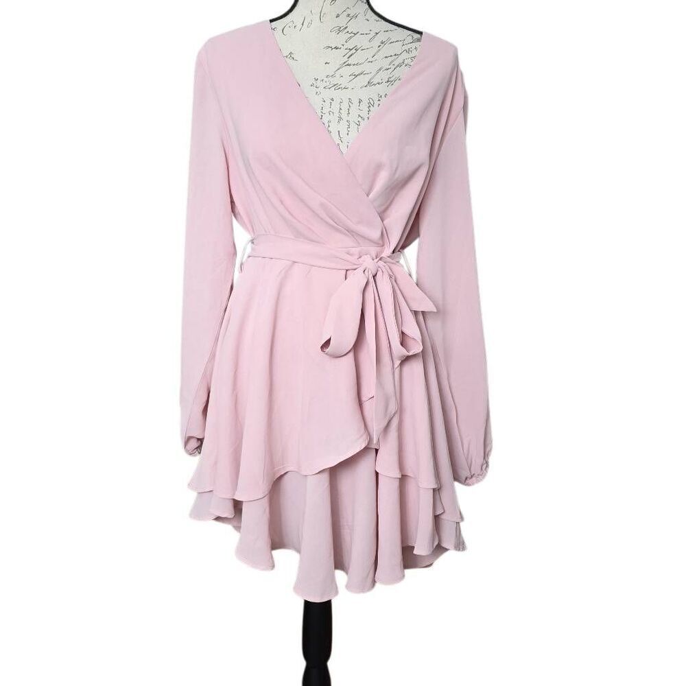 Women's Size XL Blush Pink Faux Wrap Tiered Ruffle Long Sleeve Belted Dress